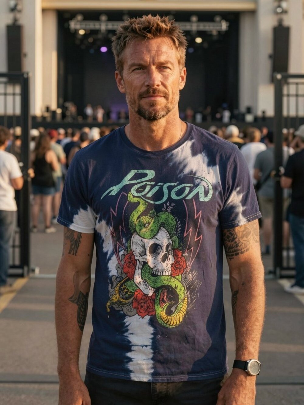 Poison Band Tee Tie Dye Skull Heavy Metal Blue Large
